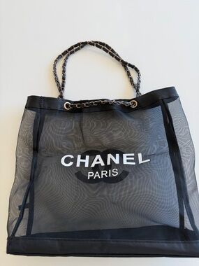 CHANEL Black Mesh Tote with Chain-Link Handles